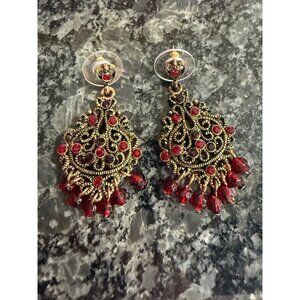 Red Chandelier Earrings Victorian Revival Filigree Dramatic Gold Tone Statement